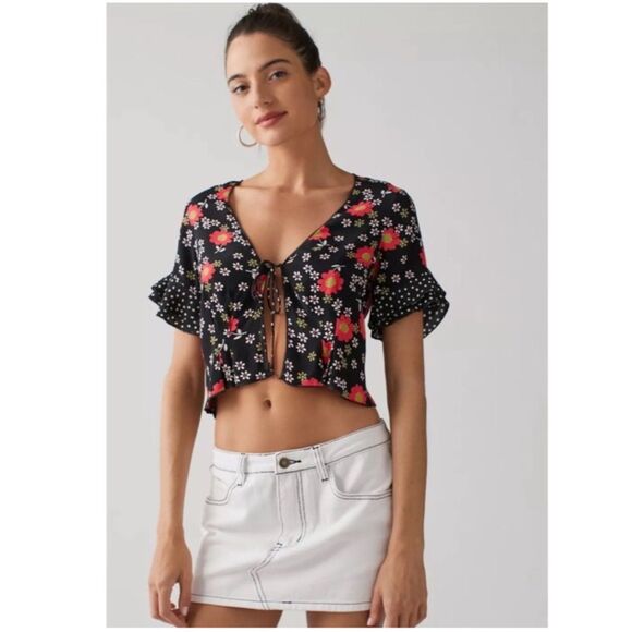 Urban Outfitters UO Nene Floral Tie-Front Cropped Blouse, Size Small, Peasant - Picture 1 of 11